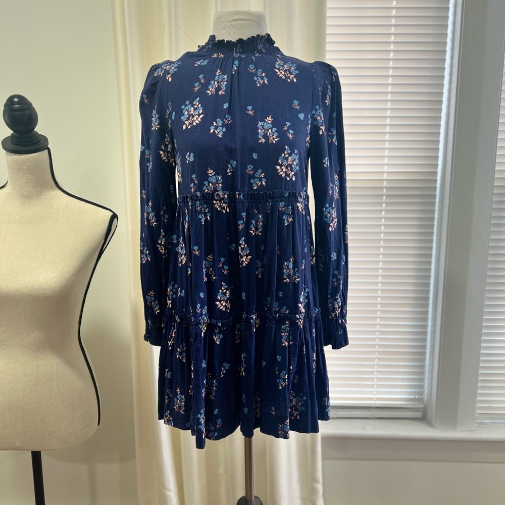 Free People Blue and White Ruffled Mock Neck Dress